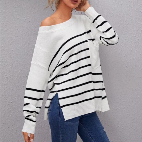 Drop Shoulder Slit Hem Striped Sweater - Picture 1 of 5